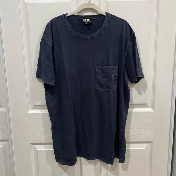 DIESEL XXL Mens T Shirt Navy Blue Pocket Crew Neck Logo Cotton Casual Tee - Picture 1 of 10
